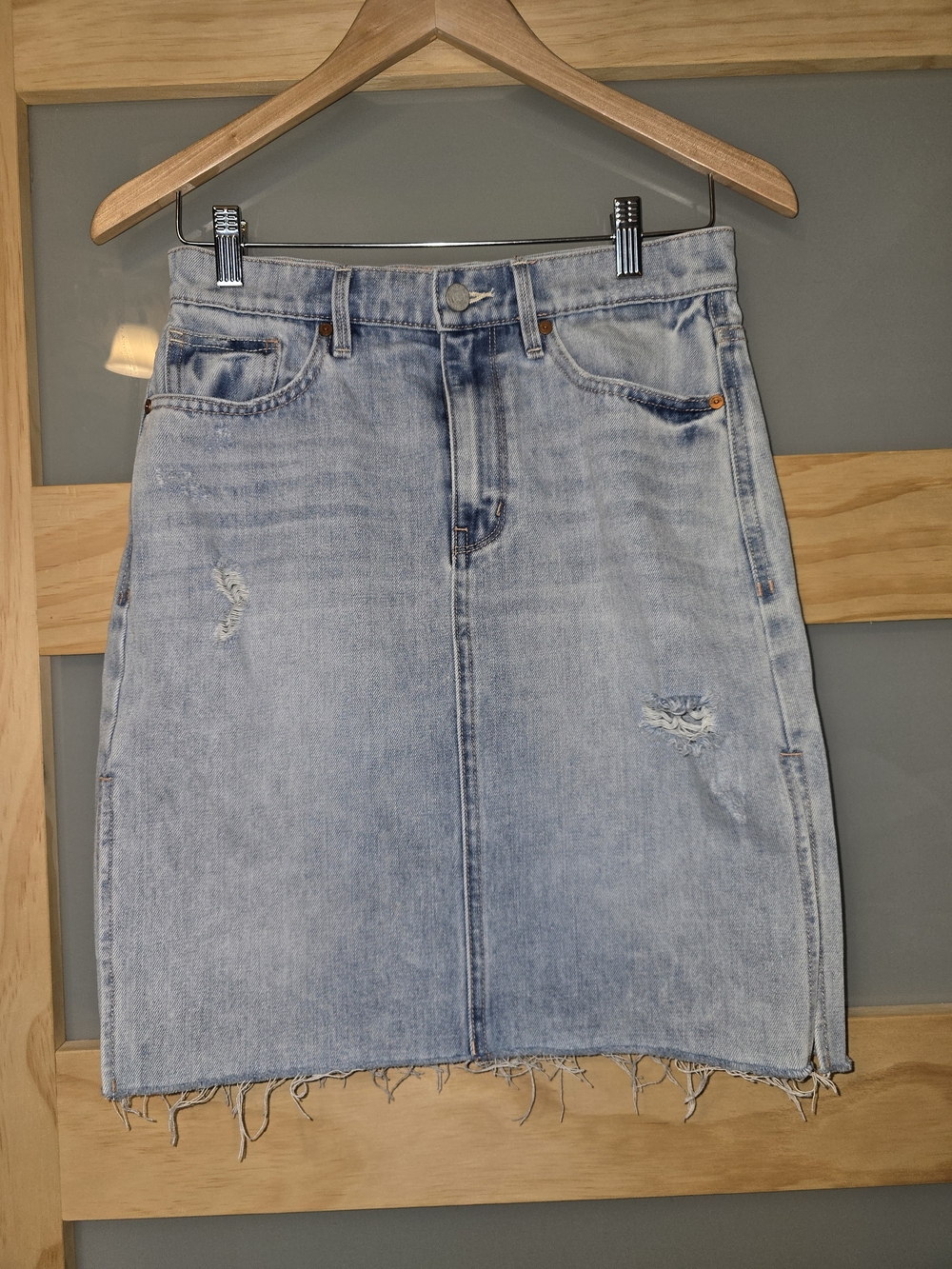 Light Wash Distressed Denim Skirt